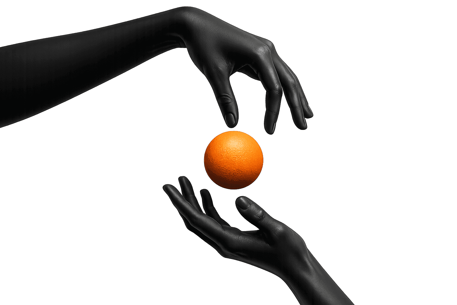 Two black sculpted hands passing an orange sphere