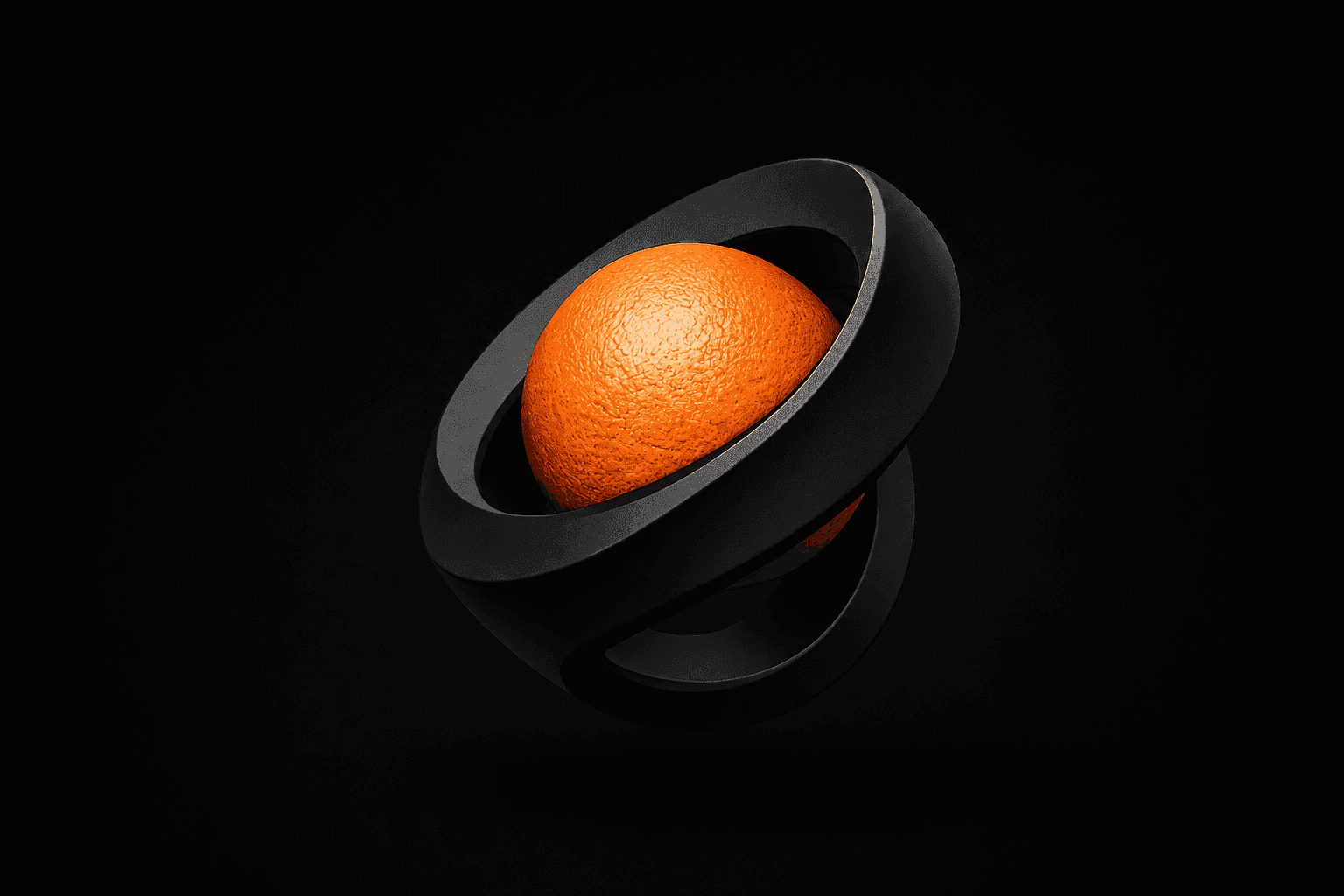 Orange sphere held inside black interlocking rings