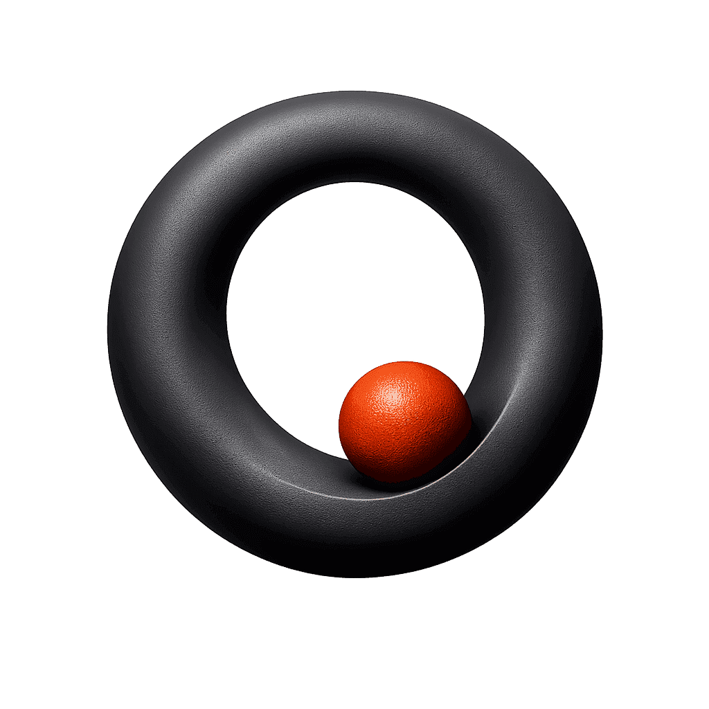 Black torus with an orange sphere resting inside it